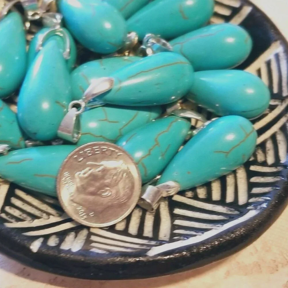 Turquoise Magnesite Teardrop Gemstone Pendant 37x12mm 18K WG Plated Bail 1 pc
